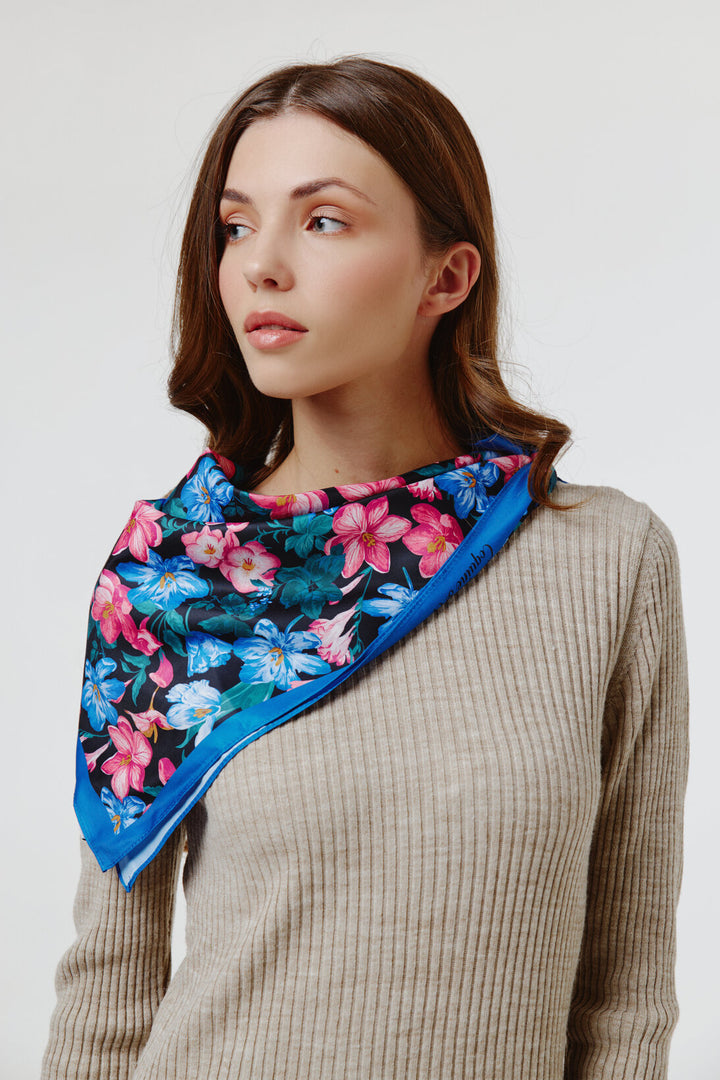 Whimsical Blooms Blue and Pink Flower Garden Scarf